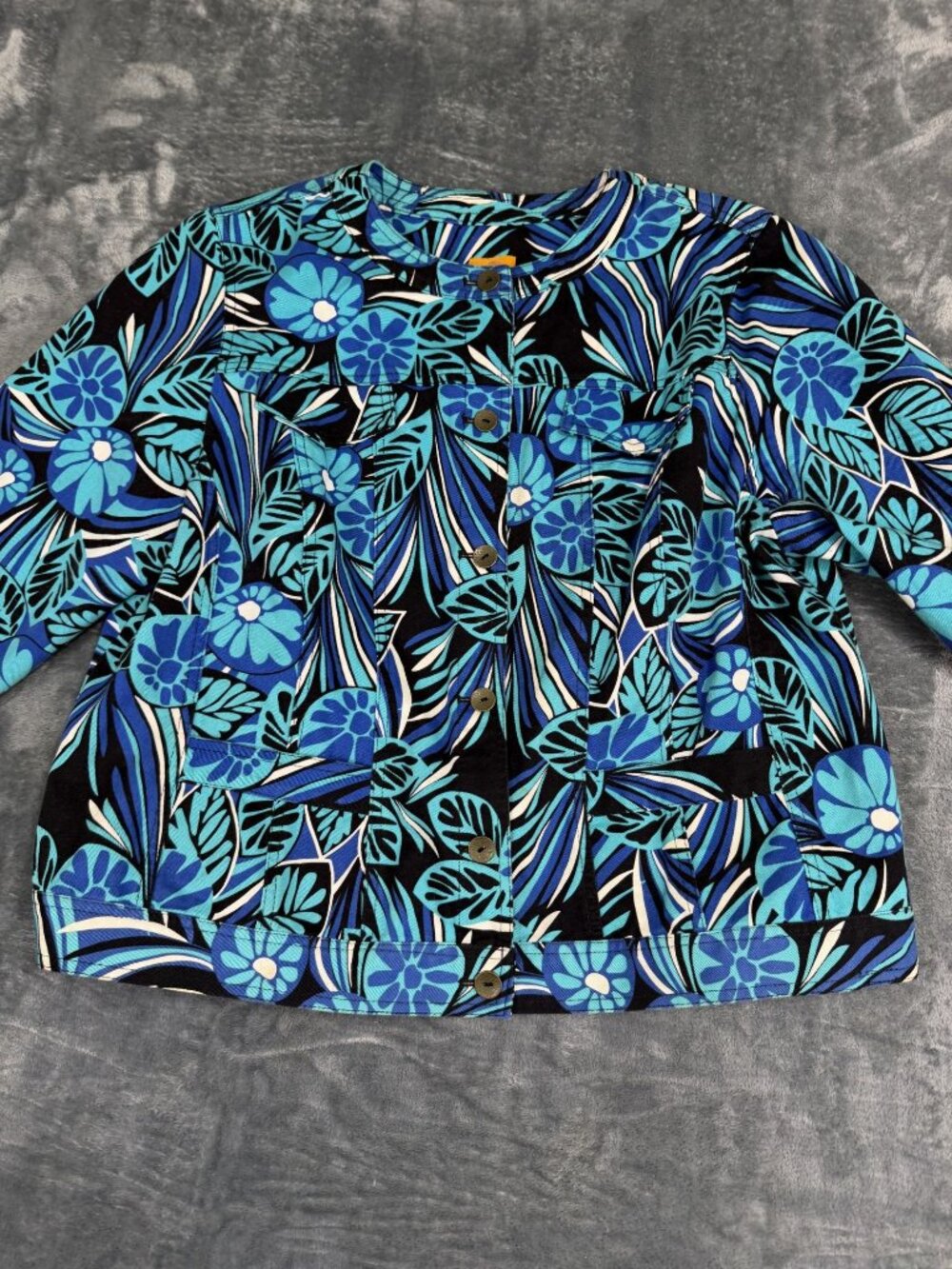 Ruby Rd. Womens Blue & Black Floral Button-Front Jacket 20W